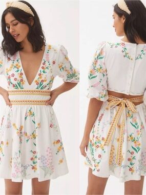Anthropologie Deep-V Floral Embroidered Mini Dress XS